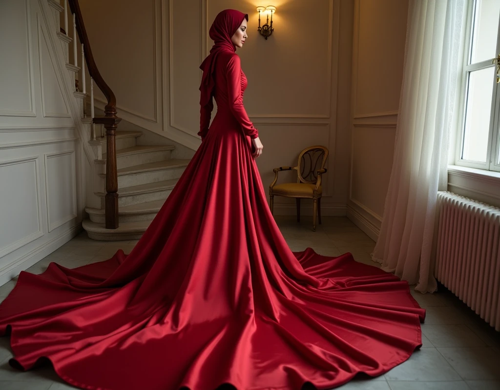 a woman in the silk gown, satin sheet, wear corset, wear modern hijab, full body, long satin, red satin mermaid tight long gown, flowy dramatic long gown, double long train dress ( 4 meter long ) ,wear high heels,walk down in stair, having trouble with her gown, model try to pull her gown, gown stuck with something, masterpice 