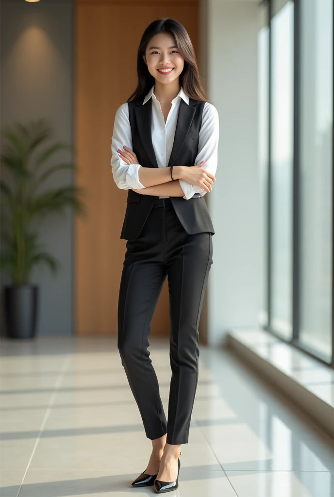Create an image of an 18-year-old Asian businesswoman standing while working on a MacBook, smiling with a cute face. The image should be full-body, showing her wearing a slightly revealing vest, with high heels, exuding a youthful and successful appearance