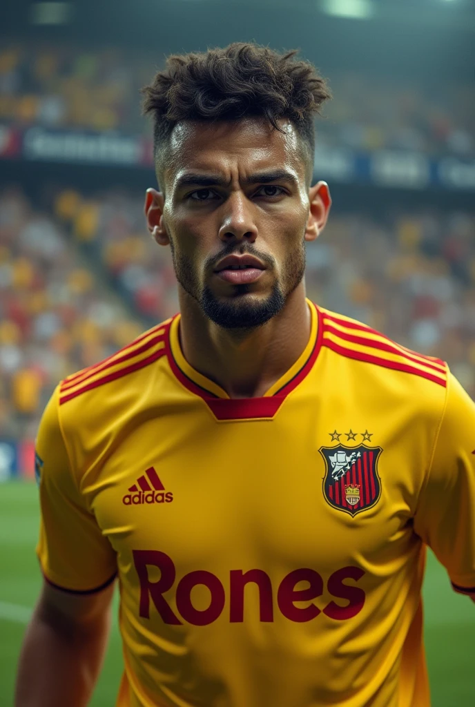 A FOOTBALL PLAYER FACING THE CAMERA HEAD-TO-HEAD, com camisa amarela, red accents, adidas, SPONSORED BY RONES, IN A FULL LOCAL STADIUM