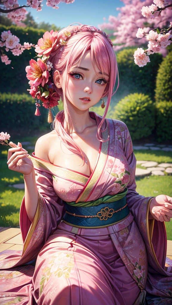 a beautiful young woman with vibrant pink hair, intricate floral details, beautiful detailed eyes,beautiful detailed lips,extremely detailed eyes and face,longeyelashes, serene expression, elegant kimono, flowing movements, lush garden setting, sakura trees, warm lighting, pastel colors, cinematic composition, digital painting, (best quality,4k,8k,highres,masterpiece:1.2),ultra-detailed,(realistic,photorealistic,photo-realistic:1.37)