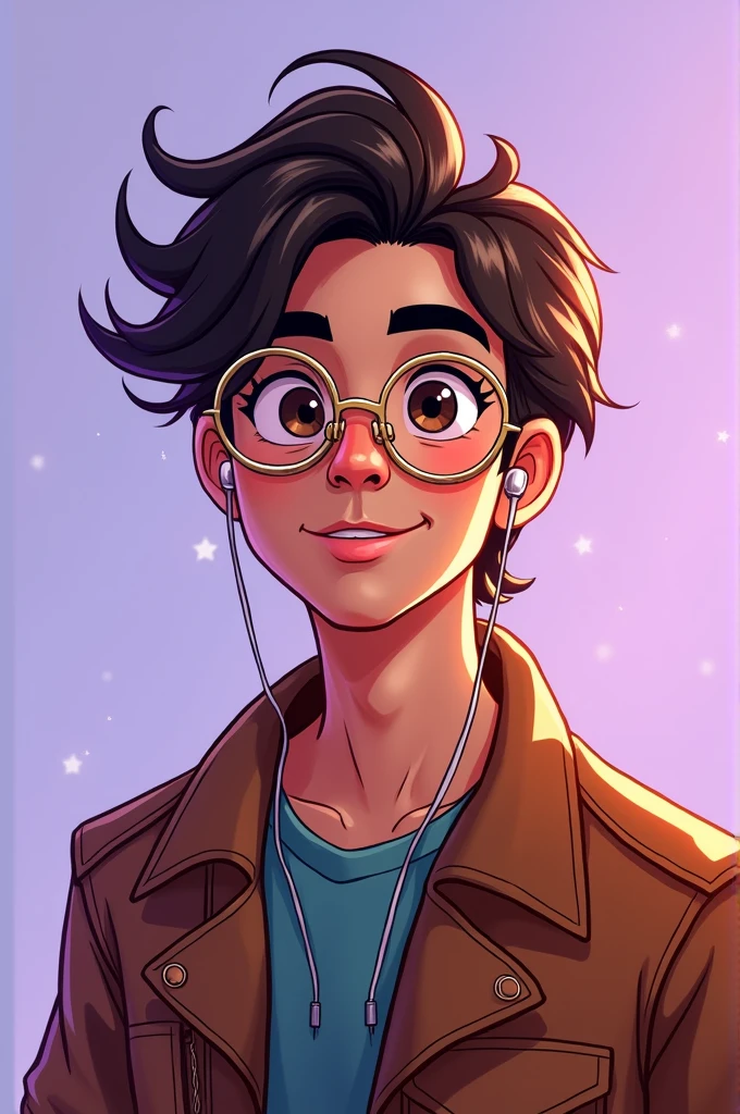 2d color Disney style sketch of a 20 year old Latino young man with semi-disheveled brown hair and gold frame glasses, earphones, leather jacket and lilac background
