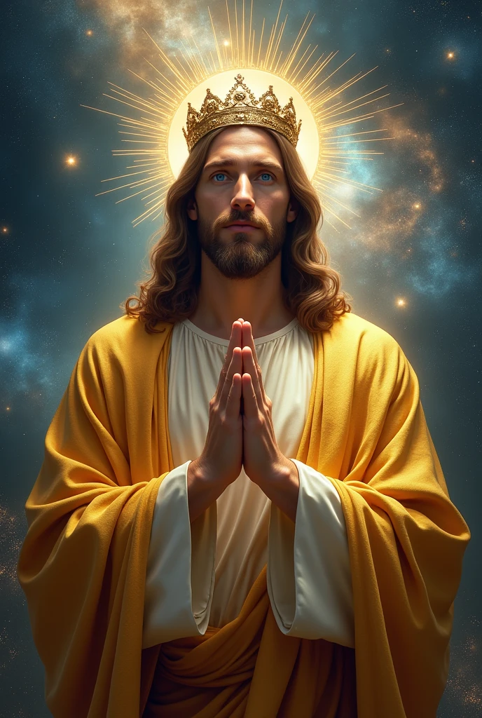 Perfect hand 5 finger, Portrait of a handsome Jesus Christ wearing the gold clothes with crown of king floating Jesus Christ in the galaxy, Jesus Christ, real blue eyes, sunny day, intricate details.real Jesus Christ, straight head face, Straight body.Prayer Jesus Christ, perfect full body, perfect hands finger,Prayer Jesus Christ, praying Jesus Christ backgrounds natural photographic