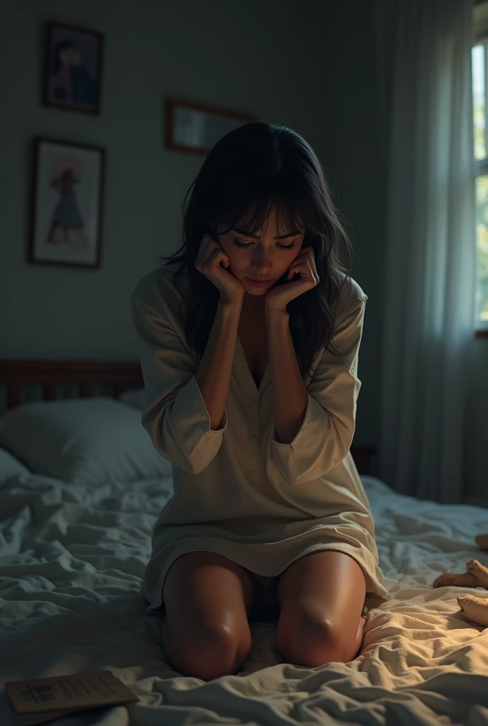 Anxious woman kneeling in bedroom