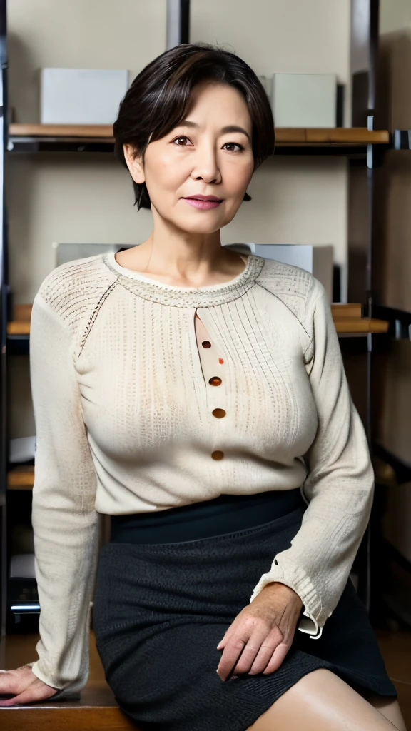 High resolution, High resolution, Attention to detail, masterpiece,(loose body), Anatomically correct, sharp, ((Japanese Mature)),(80 years old:1.3),((Facial wrinkles)), Shapely breasts,Fair skin, Black Hair,(Long Hair), bangs,(((Stand upright, facing the center.))),Look at the photographer, Looking Ahead,(Knitted blouse:1.4),(Tight Skirt:1.3),(Sitting),(Thighs:1.4),Inside the warehouse,(Serious expression),(old woman:1.1),Mature cabin attendant