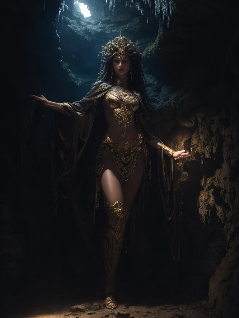 best quality, 8k, very delicate and beautiful, highly detailed face and skin texture, shiny skin, high resolution, medusa stand in a cave, full body, sharp focus