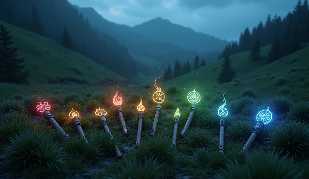 The ten magic wands that have magic element logos on each wand and are emitting magic energy, is in disarray in the valley and at night