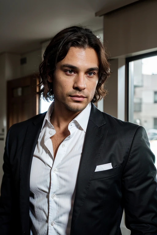 Handsome Man 38 years old, lean muscular body, tan skin olive, his eyes are blue, 1.90m, his hair is dark brown with natural waves that flow down his shoulders, stubble unshaved, wearing a black suit jacket, white shirt, black pants, elegant and classy.