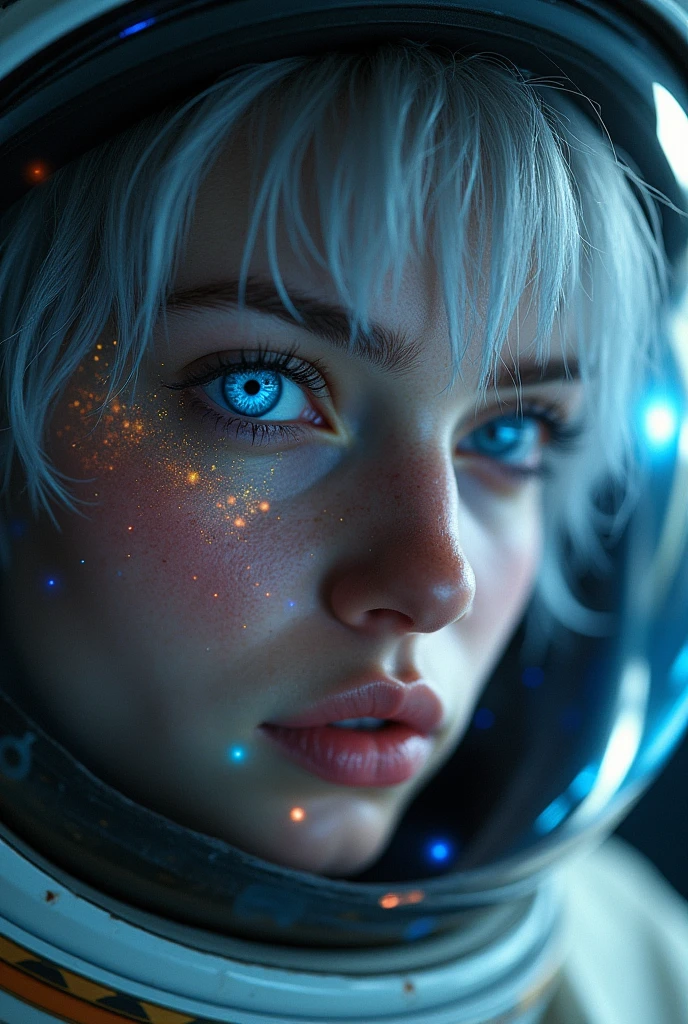 (Close-up of a better masterpiece:1.5)0.9], (Space and astronauts:1.2) (Messy silver hair:1.1) (Heterochromia xanthochromia and blue eyes:1.2) (Space Helmet:1.0) (Colored stars in the eyes:1.0) (A radiant glow:1.1) (thick lips:0.9)