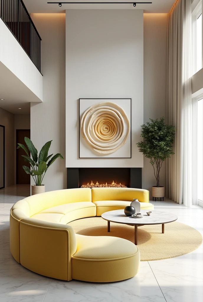 Professional 3d architecture rendering design of modern and minimal so light big curve white lemon  velvet sofa and white marble slab stone and white  white marble flouting fireplace and spiral painting wall and modern  and elegant accessories and sculpture and modern green space and white marble slab stone middle table and elegant curtains 