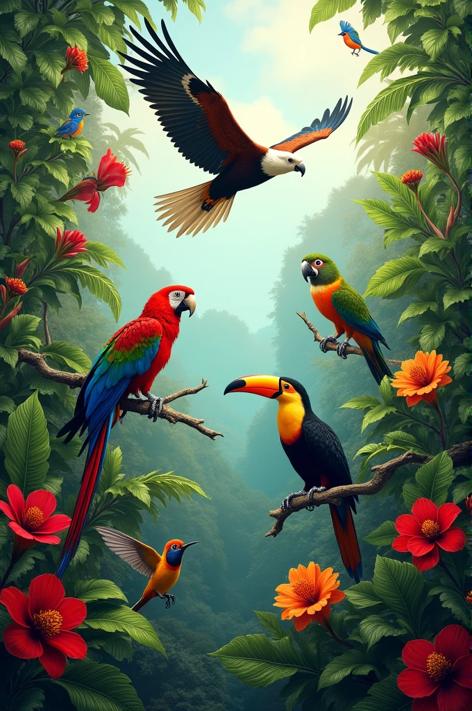 A vibrant scene of a tropical jungle with five different birds: a colorful parrot perched on a tree branch, a hummingbird hovering near a bright red flower, a toucan with its large, vibrant beak resting on another branch, a pair of lovebirds nestled together in the background, and a majestic bald eagle soaring high above, all surrounded by lush green foliage and blooming exotic flowers.