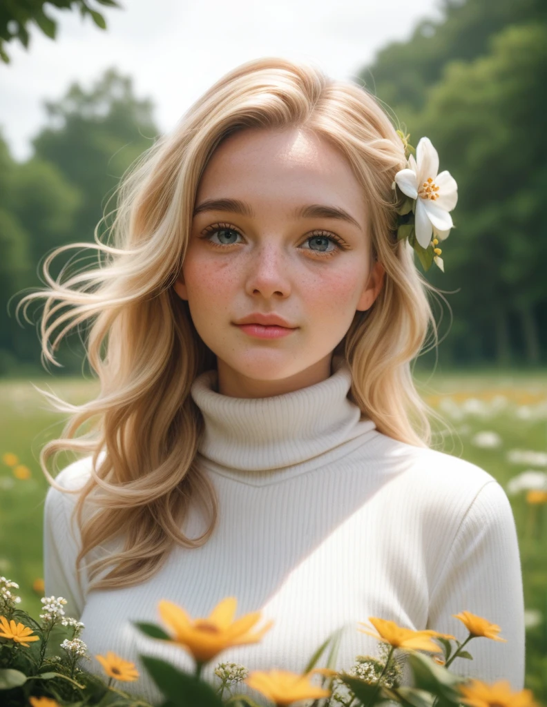 score_9, score_8_up, score_7_up, woman, blonde wild tossled hair, (freckles:1.2) , loving, caring, gentle, delicate, adorable , hair flower, white turtleneck , looking at viewer , outdoors, nature, wind