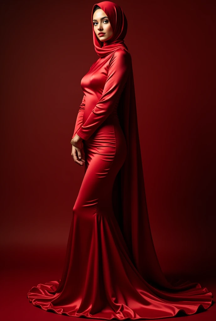 An alluring woman shrouded in a 4-meter-long, plush red satin cloth, tightly bound and grandly draping along the form of her body, flowing off into a pooled floor-length train, styled in a mermaid-inspired outfit, her head modestly veiled in a satin hijab, shiny fabric, wear corset, strugle to move, a full-body pose conveying a sense of mysterious elegance, captured in a 4k resolution, ultra-realistic