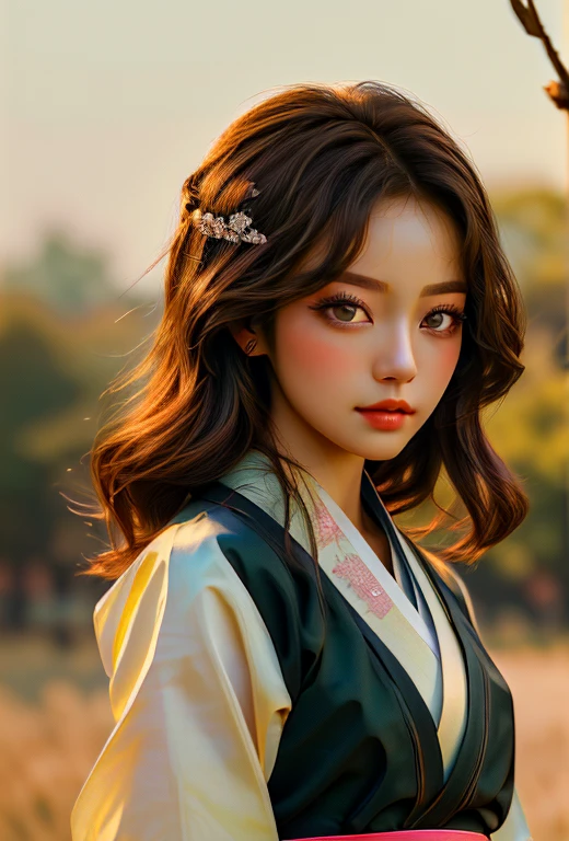 (masterpiece, best quality, very detailed: 1.6), surreal, (Single, 1 girl, beautiful and delicate eyes: 1.2), Wearing Hanbok, elegant atmosphere, Outdoor nature blurry background, ultra high definition,