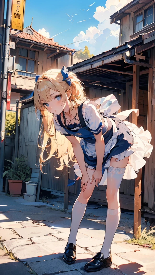 (masterpiece, high quality, mysterious, Ideal body type), (Ultra-high resolution, 8K RAW Photos, Realistic, Natural light, Fabric Shading), Wide Shot Photography:1.6, (One Beautiful Anime Girl:1.3, 16 years old, alone:1.5, Mature Woman:1.5, Browsing Caution:1.25, whole body:1.3), Glowing Skin, break, ((Alice in Wonderland:1.3, cute女の子, cute, cute, interesting, Girl Falling From the Sky:1.5, Girl Flying in the Sky:1.5, The girl is floating in the air:1.1, The wind lifts up the skirt:1.5, (Embarrassing:1.3), wonderful, Put on an apron and put your hand on your crotch:1.35)), break, ((trump card, Trump, Tea cup, you can, teaspoon, Small Clock:1.3, lipstick, candy:1.2, クッkey, Jam jar, key)), ((Royal Blue Dress :1.5, Wearing a long flared skirt:1.3, White apron, White Stockings)), (medium length platinum blonde hair:1.2, Twin tail hair:1.6, Her hair was tied with a large ribbon.), (blue eyes, Bright eyes with highlights, Detailed eyes), (Sleep on your back:1.4, Leaning forward:1.2, Stand up straight、Spread your legs:1.5), ((Dutch Angle:1.5, whole body:1.3, Crotch focus:1.3, From below:1.5, Poor posture)), Cinematic images, Exotic Wallpaper, colorful, Pop Art, Great art, (Fantasy Images:1.5), ((Correct Anatomy:1.5, Perfect Anatomy:1.3, Right Action, Small feet:1.2)), 