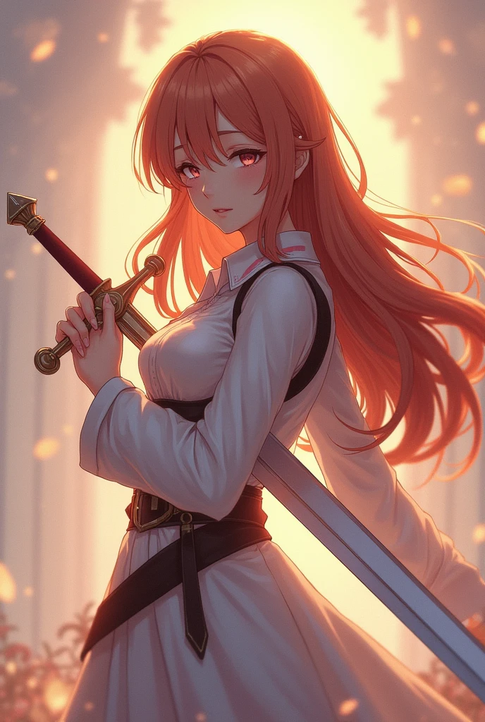 Theme MMORPG game style Image of a bronze-haired girl standing holding her favorite sword. The theme color is pastel and the image tone is dramatic. The highest resolution masterpiece.