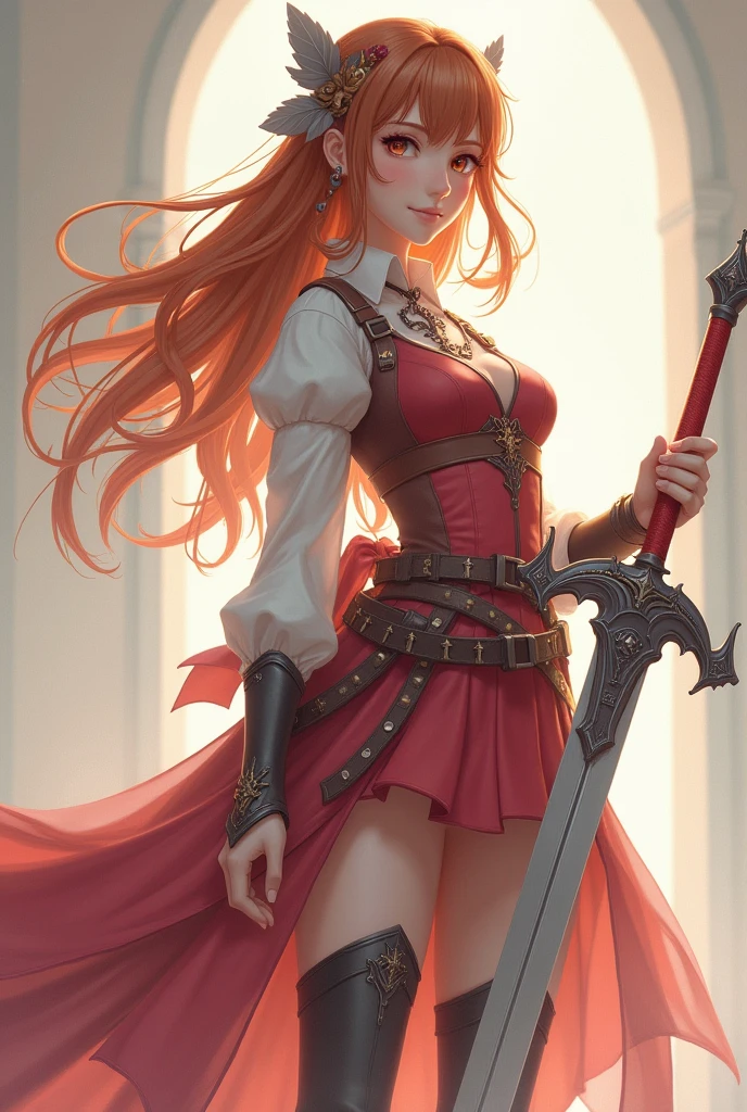 Theme MMORPG game style Image of a bronze-haired girl standing holding her favorite sword. The theme color is pastel and the image tone is dramatic. The highest resolution masterpiece.