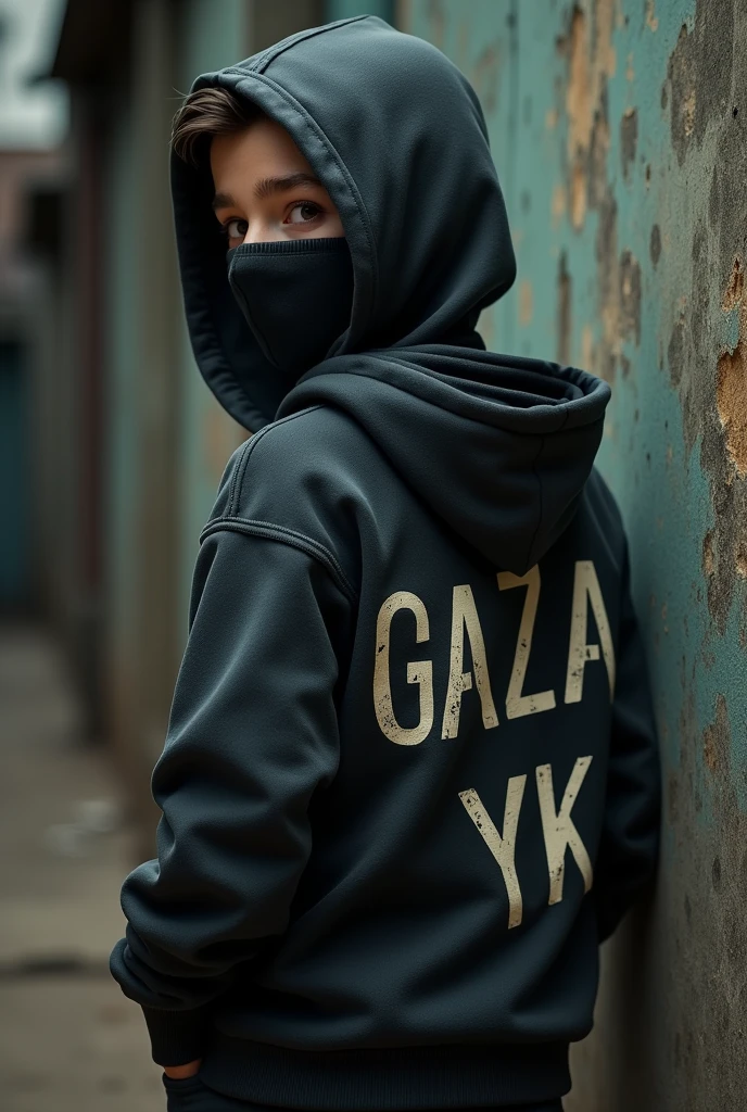 Teenage boy wearing a mask and hoodie with GAZA YK written on the back and facing backwards