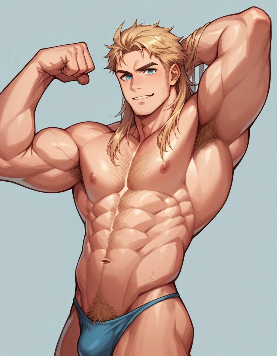 A very muscular, blond, very hairy, blue-eyed, attractive, shirtless, long, loose haired man who is flexing his biceps and is really attractive and is only in a thong