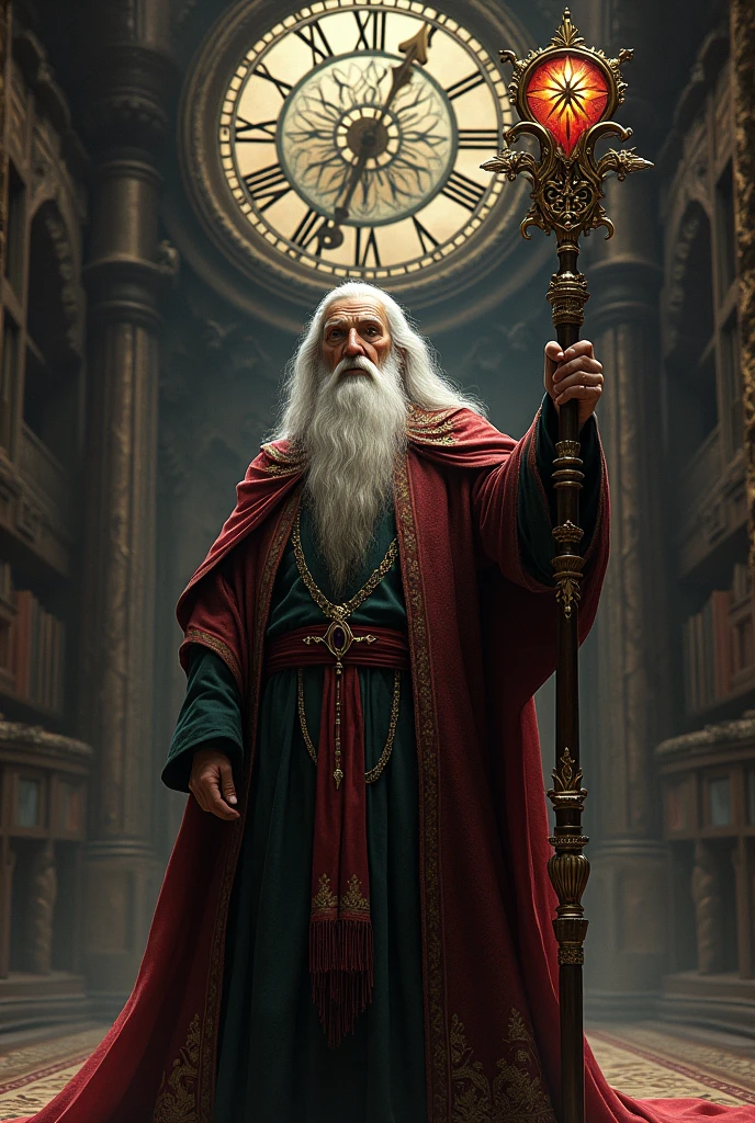 Create a wizard with a staff and a clock behind him, very realistic Lord of the Rings style
