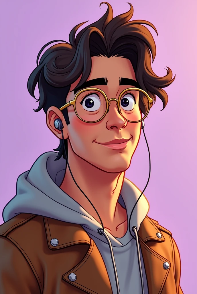 2d color Disney style sketch of a 20 year old Latino young man with semi-disheveled brown hair and gold frame glasses, earphones, leather jacket and lilac background