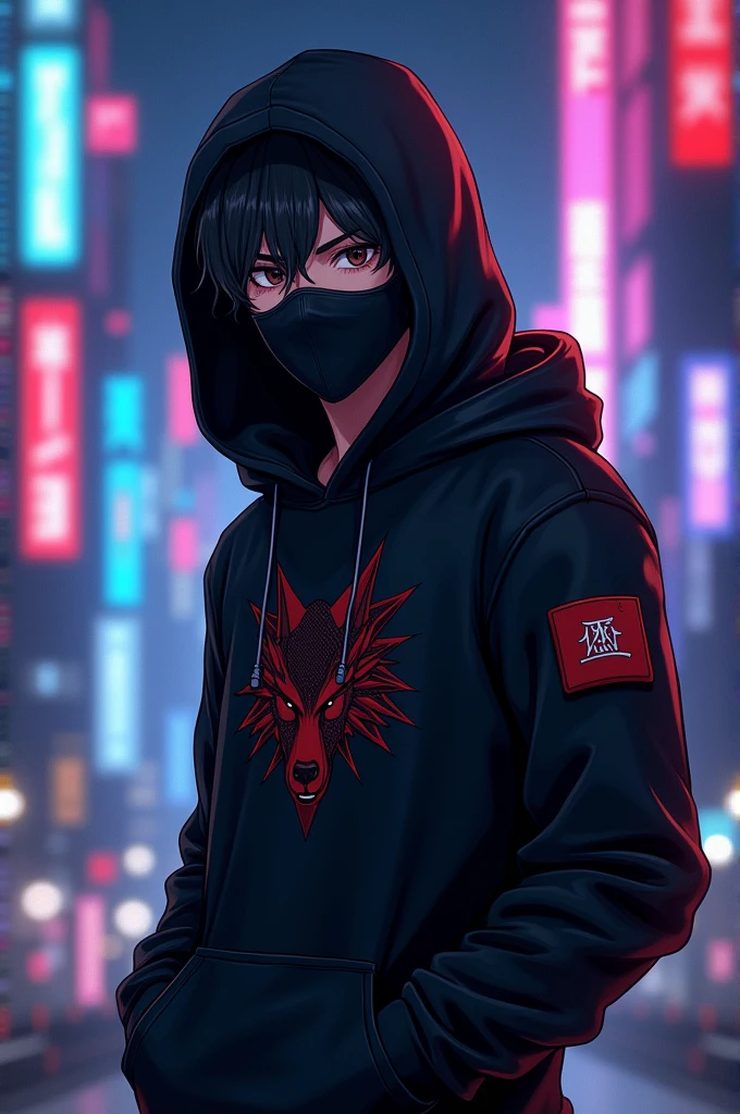 "Create a charismatic, mysterious anime-style male character for a Warzone gaming YouTube channel targeting young adults. The character should exude confidence and skill while maintaining a cool, collected demeanor. He wears a black hoodie with a wolf emblem, and his eyes are hidden behind a sleek black mask. The overall aesthetic is dark, edgy, and futuristic. Background: A neon-lit cityscape with towering skyscrapers."