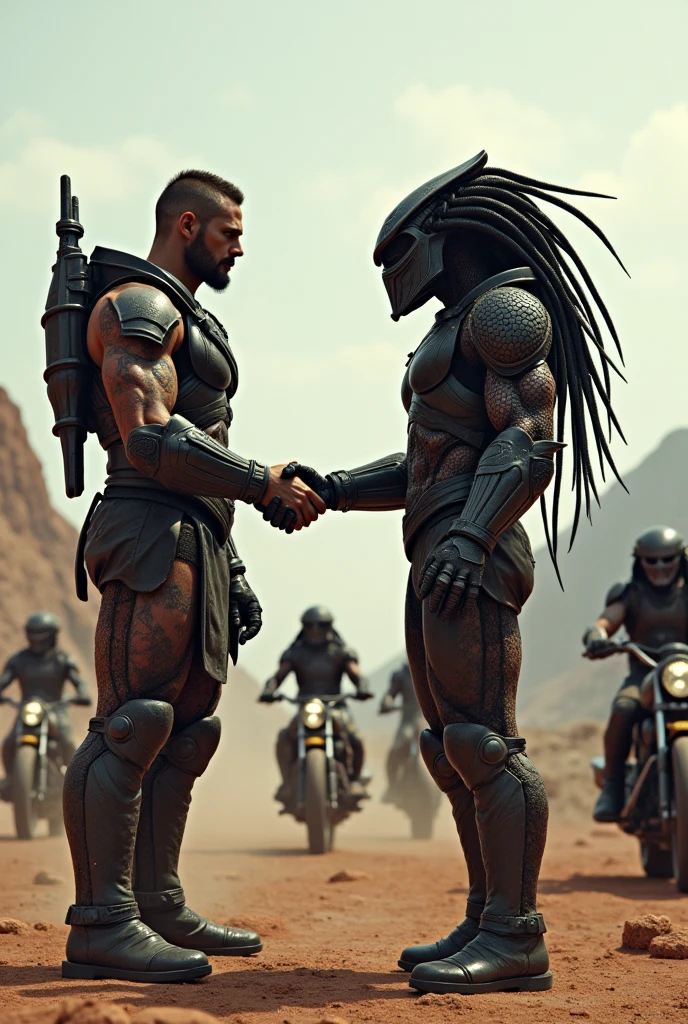 A muscular Spartan and a helmeted Predator shaking hands in friendship,and in the background many half SPARTAN motorcyclists,half predator with helmet