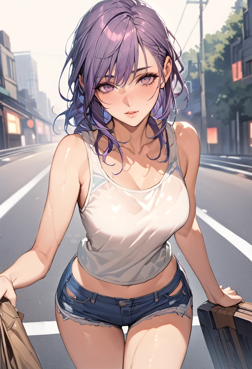 (((masterpiece,Highest quality:1.3,Highest qualityのイラスト))),((Realistic:1.2)),Cowboy Shot,solo,1 Female,(Mature Beauty),Black Hair,Straight Long Hair,amount,Center parted bangs,Iris,(Gorgeous big eyes),(very small head),blush,((Very long body,skinny,Slender body)),((navy blue baseball jacket)),Small breasts,Glowing Skin,Oily skin,denim micro shorts,Wearing a white tank top and blouson,On the road