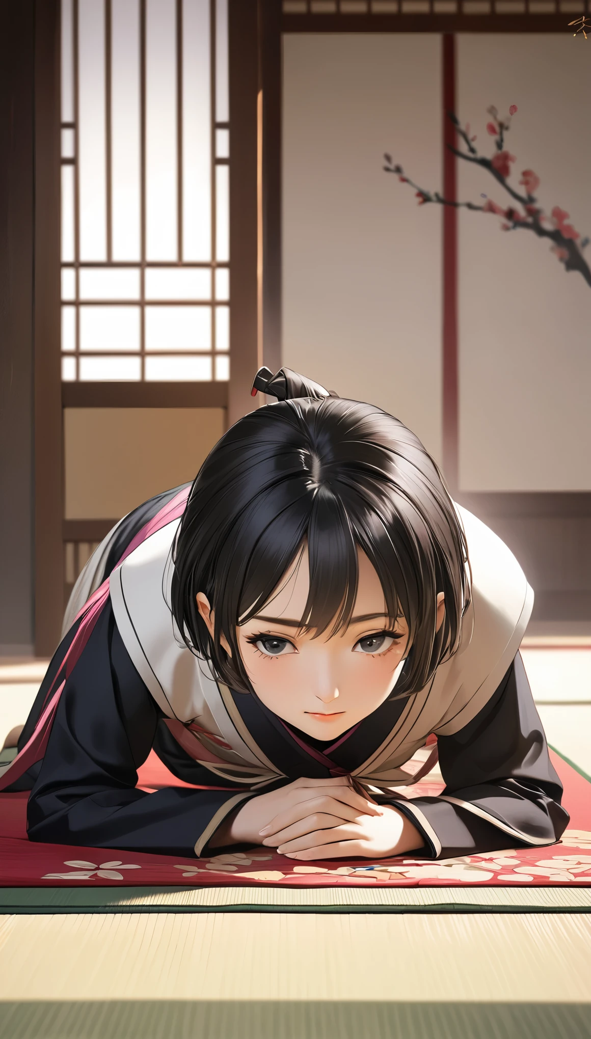 (masterpiece, Highest quality:1.2), One Girl, alone,Bony body、、Sujood、prostrate、Prone position with forehead on the ground、Japanese style bow（Prostration）、Extra Short Hair, Side lock hair