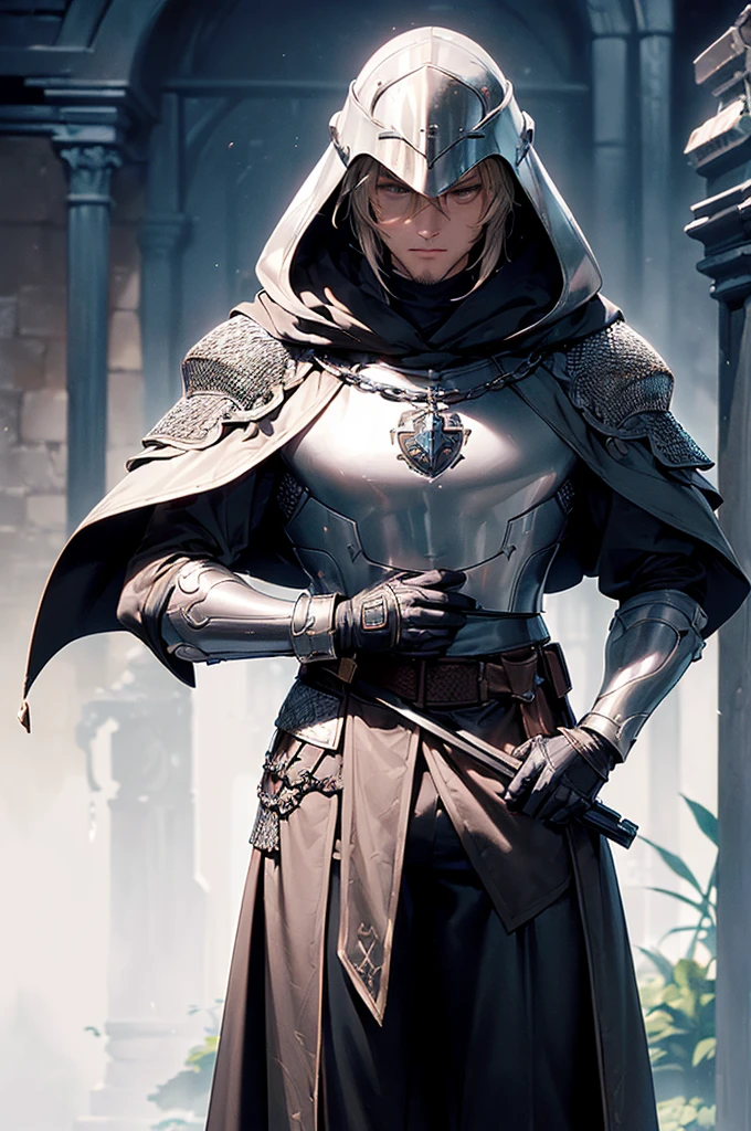 (masterpiece; best quality: 1.2), ((1 man)), ((solo)), (facial features; hidden: 1.4), (body shape; toned, lean, masculine: 1.3), (beautiful and clear background: 1.2), ((depth of field)), (equipment: templar + surcoat + chainmail shirt + closed helmet + gloves + sturdy pants + black cloak : 1.3), (anime illustration: 1.2), (background composition; garden + plants: 1.1), (shot composition; standing + centered on torso + close-up: 1.5)