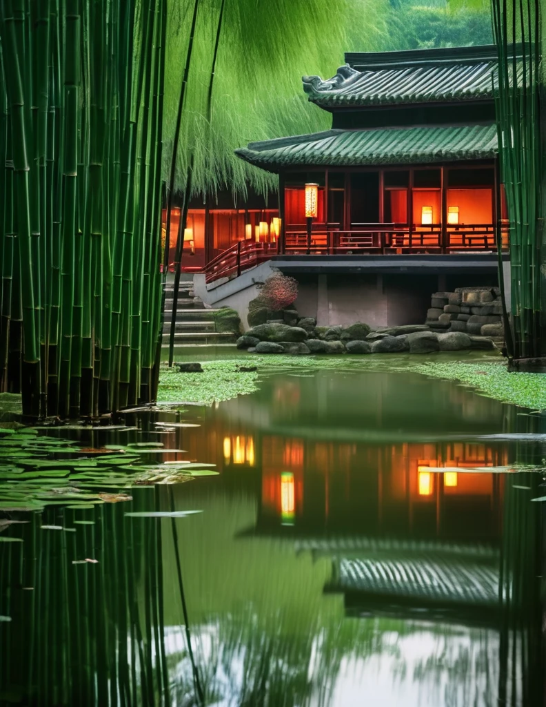 In the evening, a pond in the emerald green bamboo forest, the night rain gently caresses the pond water surface, causing ripples, as if echoing the ripples in the hearts of the ancients. There is a small theater in the middle of the pond, an ancient qin on the stage, as if talking about a thousand years of elegance, red brick and green tiles of the ancient dwellings reflected in the pond, like an ancient painting in the landscape.