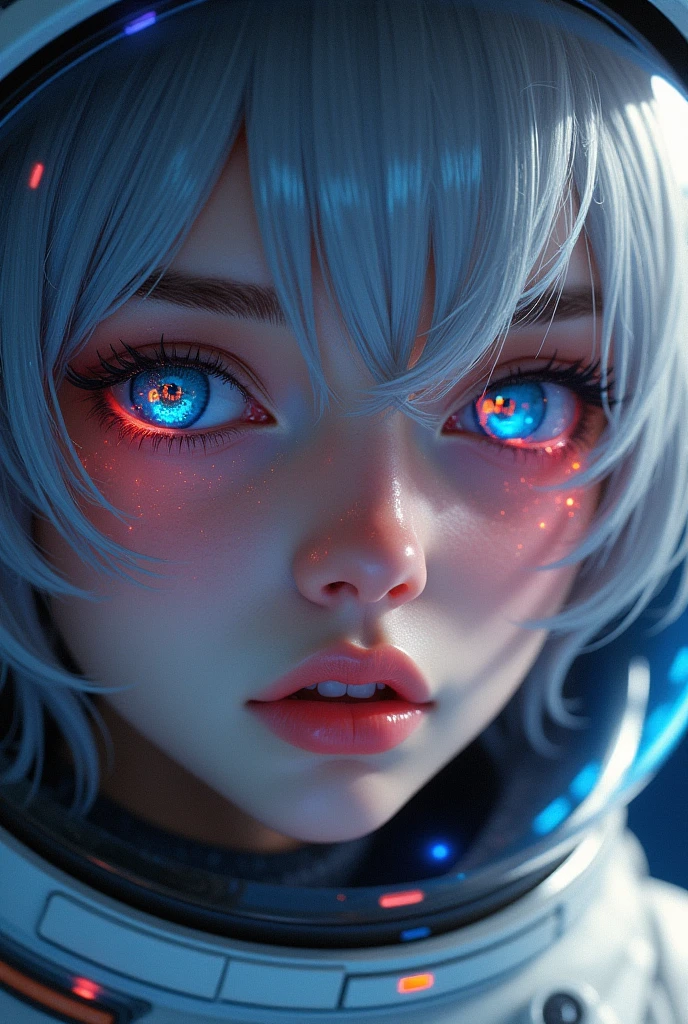 (Close-up of a better masterpiece:1.5)0.9], (Space and astronauts:1.2) (Messy silver hair:1.1) (Heterochromia xanthochromia and blue eyes:1.2) (Space Helmet:1.0) (Colored stars in the eyes:1.0) (A radiant glow:1.1) (thick lips:0.9) perfect skin