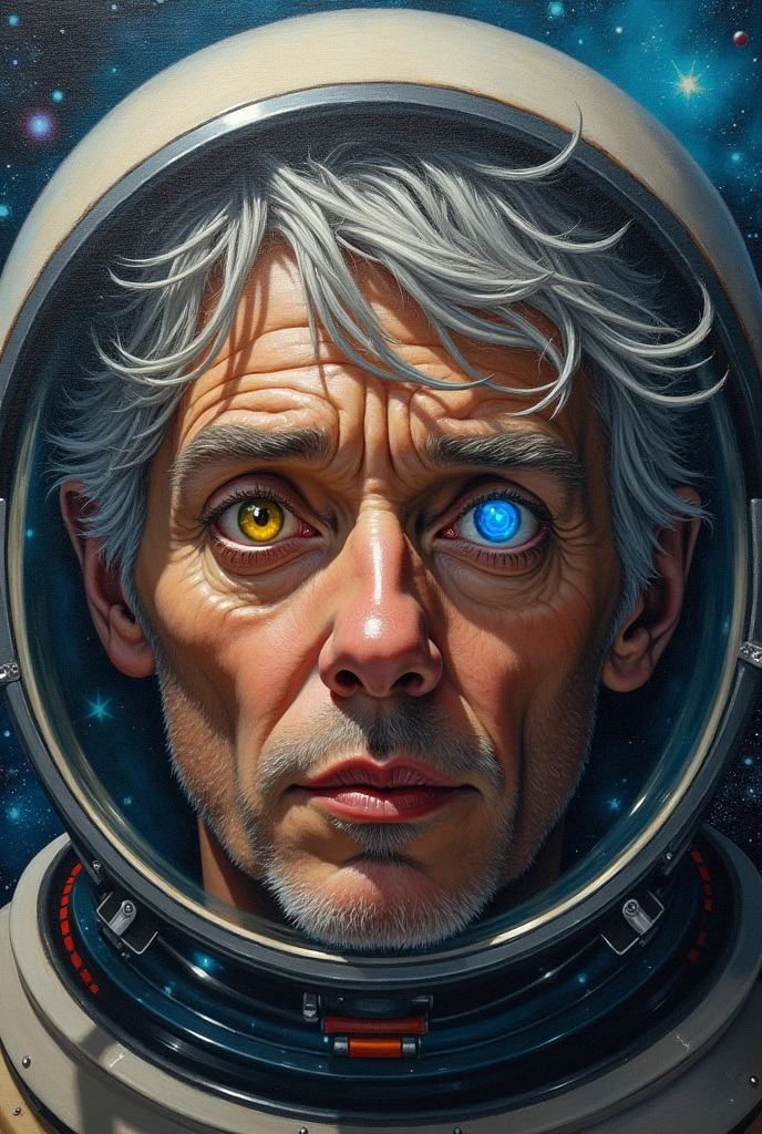 (Close-up of a better masterpiece:1.5)0.9], (Space and astronauts:1.2) (Messy silver hair:1.1) (Heterochromia xanthochromia and blue eyes:1.2) (Space Helmet:1.0) (Colored stars in the eyes:1.0) (A radiant glow:1.1) (thick lips:0.9)