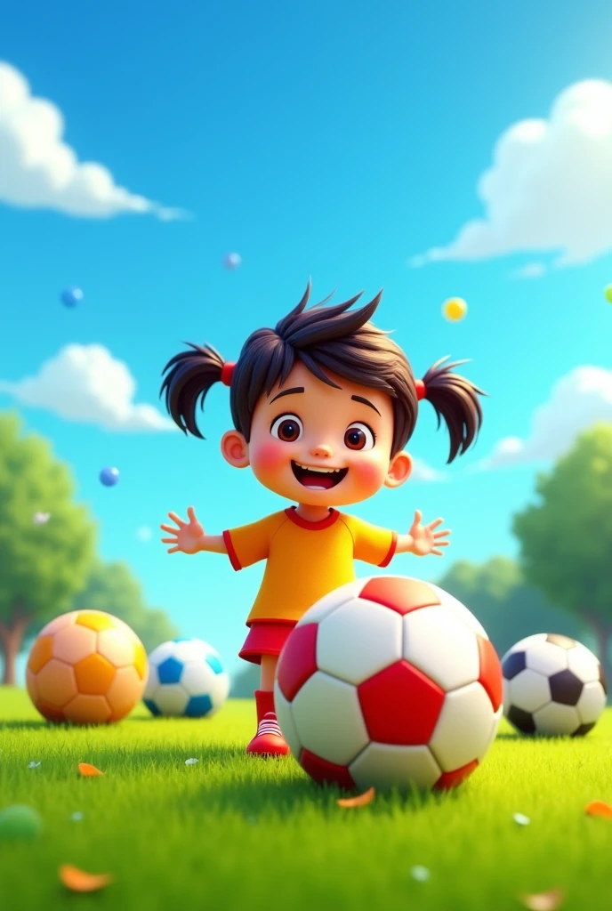 Generate YouTube thumbnail for kids. learning colours with each different colour soccer balls. It is animated video so create animated kid