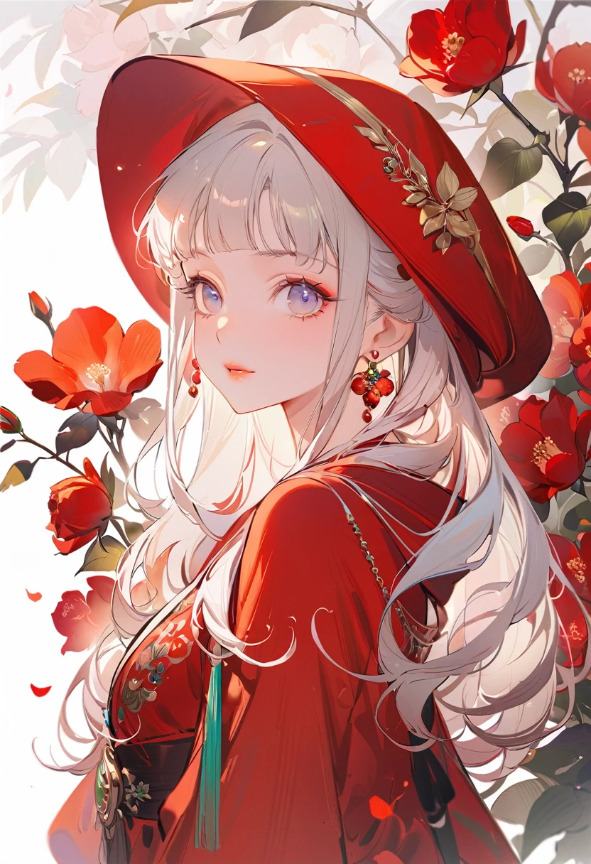Poster,(a lot:1.2),((Art Deco,Botanical Art,Flower Art)),(Floral:1.2),Rose flower, (masterpiece, Highest quality),(Vibrant colors,colorful),(Amazing details,Detailed Background),Anatomically correct,Accurate drawing,Detail View,Sense of luxury, Beautiful girl with perfect face,very_Long eyelashes, Detailed lips, Cool look, Soft Skin, ,Vibrant Background, Natural light,The cutest girl in the world,Exquisite makeup, Silver wavy hair, Bangs straight,, Silver Hair, woman,Little Red Riding Hood Style,