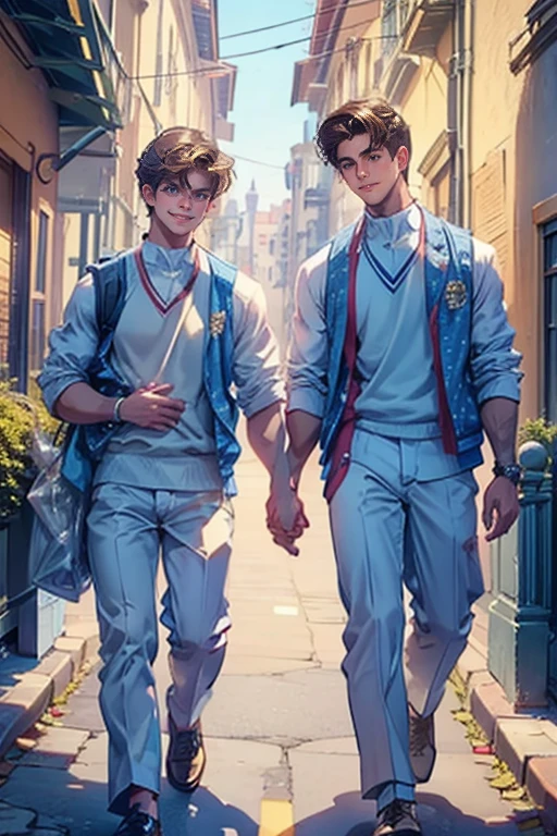 close-up look, Half-body image, two handsome young male walk together, wearing university uniform, smiling, soft light, hi-quarity, Masterpiece