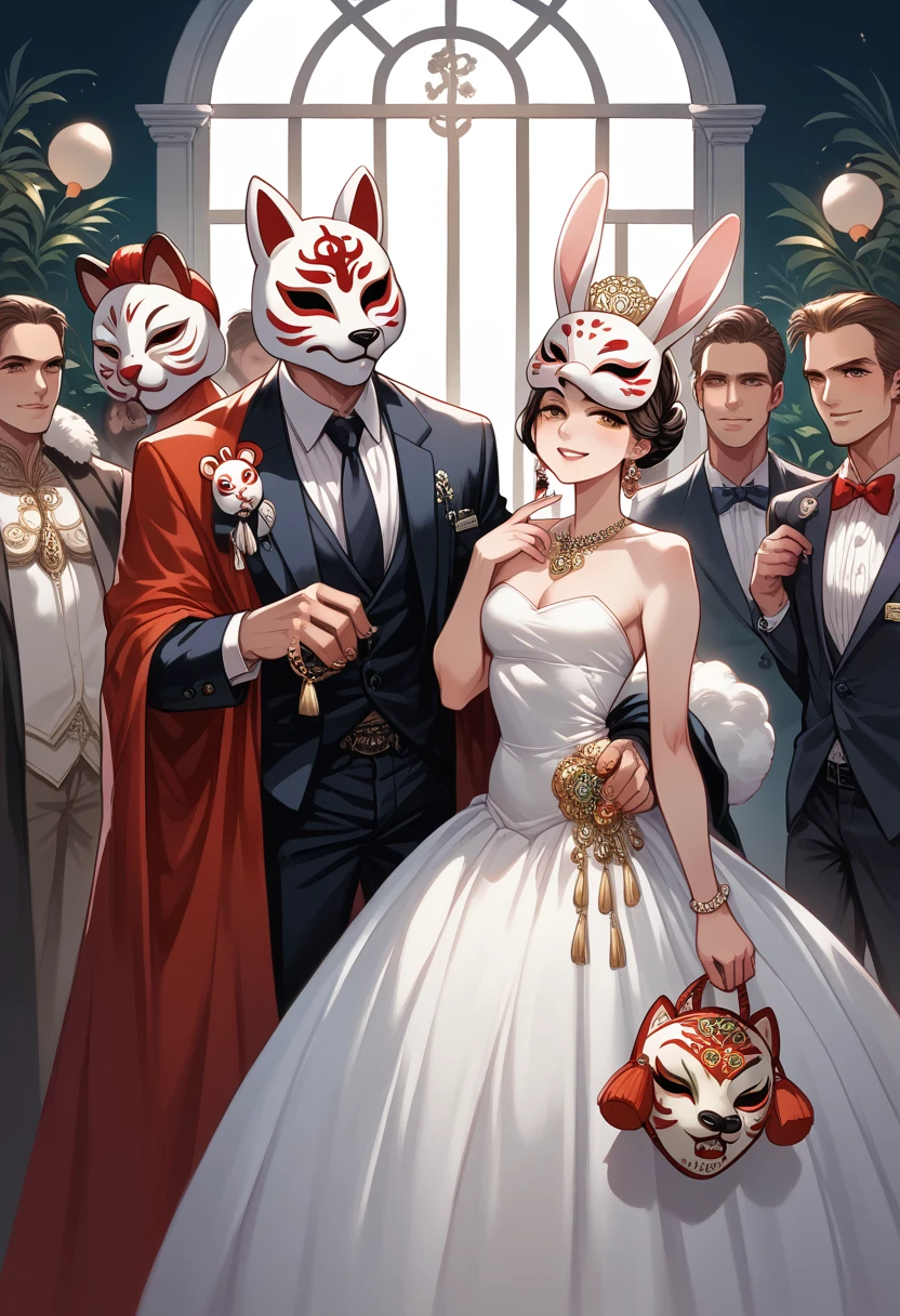 5 people wearing animal masks, elegant party, Royals, Fox mask, rabbit, lobo, tigre, cordero