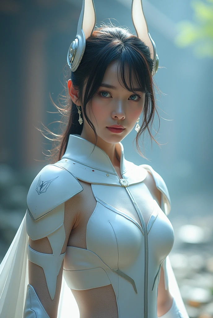 superhero, modern super hero costume, white bat costume, style like a blackbat suit, with a Chinese sword, Beautiful Chinese woman, 20 years old, Chinese woman with bang, with blue eyes, courageous character, Kind, Brave, determination, on the battlefield, atmospheric perspective, Motion blur, 8k, super detailing, Best quality, uhd, high detail