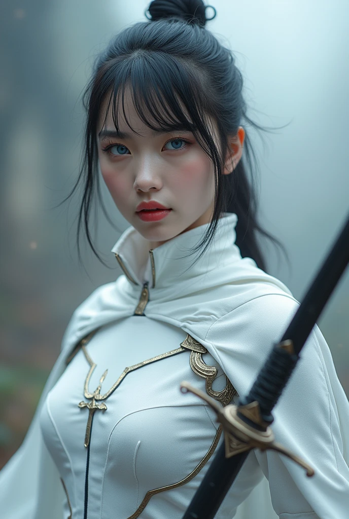 superhero, modern super hero costume, white bat costume, style like a blackbat suit, with a Chinese sword, Beautiful Chinese woman, 20 years old, Chinese woman with bang, with blue eyes, courageous character, Kind, Brave, determination, on the battlefield, atmospheric perspective, Motion blur, 8k, super detailing, Best quality, uhd, high detail