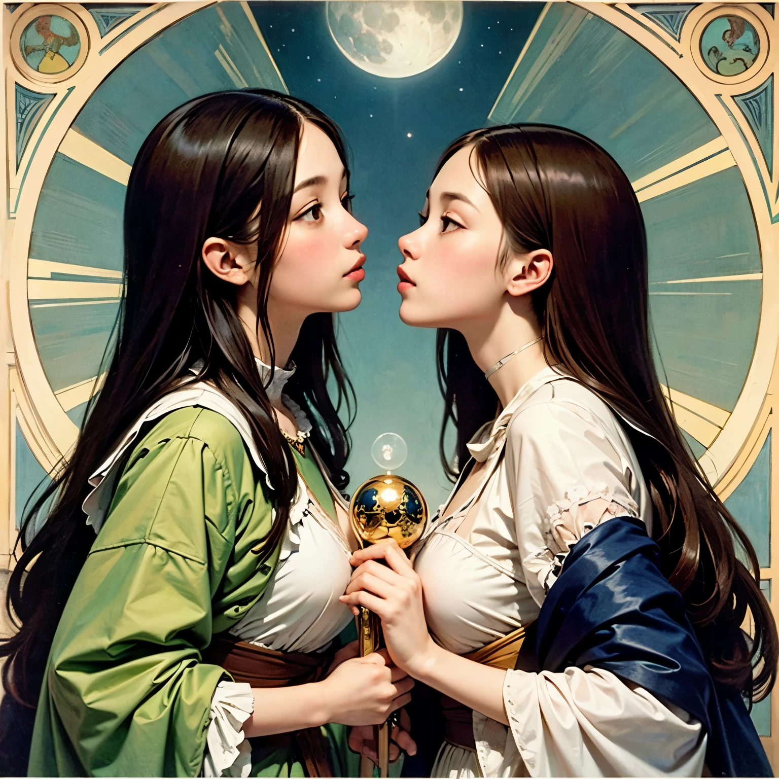 (The art styles of Leonardo da Vinci and Alphonse Mucha), (From the side), Hold a moon the size of a crystal ball in both hands,8-head beauty kisses, sheこの月に恋をしている, 月はsheの信仰を受け入れたのか?, Gives off a wonderful shine, she,yes,Thessalian Witch