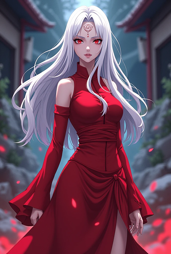 A character from Naruto, LONG white hair, Eyes red, a seventeen year old woman, Tsuki Senju, red outfit, 2d, Naruto anime line 