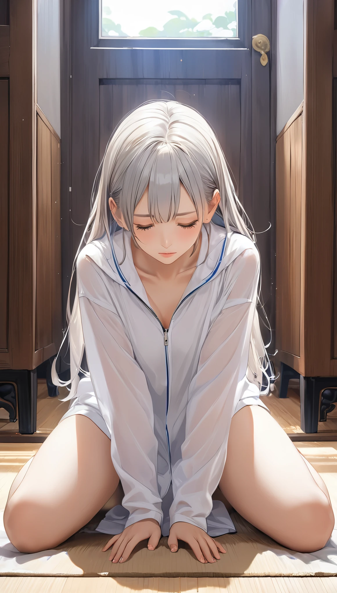 (masterpiece, Highest quality:1.2), One Girl, alone,Bony body、、Prostration、lower one's head、Prostration、From above、take a bow、seiza、On the floor、Rest your forehead on the floor、Lie down、Prostrate、 Extra Short Hair, Side lock hair