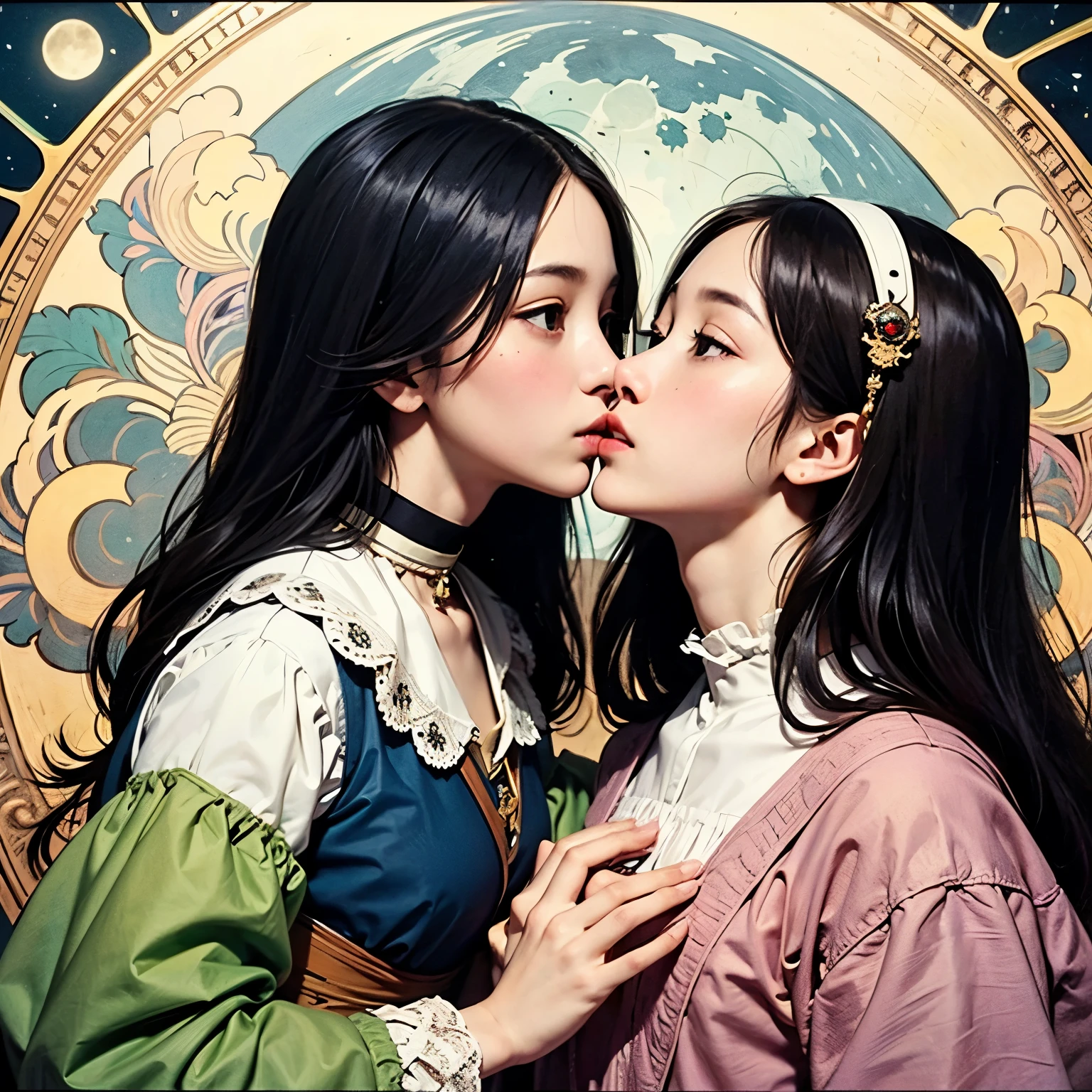 (The art styles of Leonardo da Vinci and Alphonse Mucha), (From the side), Hold a moon the size of a crystal ball in both hands,8-head beauty kisses, sheこの月に恋をしている, 月はsheの信仰を受け入れたのか?, Gives off a wonderful shine, she,yes,Thessalian Witch