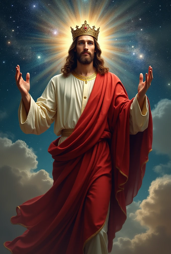 Perfect hand 5 finger, Portrait of a handsome Jesus Christ wearing the red clothes with crown of king floating Jesus Christ in the galaxy, Jesus Christ, real blue eyes, sunny day, intricate details.real Jesus Christ, straight head face, Straight body.Prayer Jesus Christ, perfect full body,  perfect hands finger,Prayer Jesus Christ, praying Jesus Christ backgrounds natural photographic