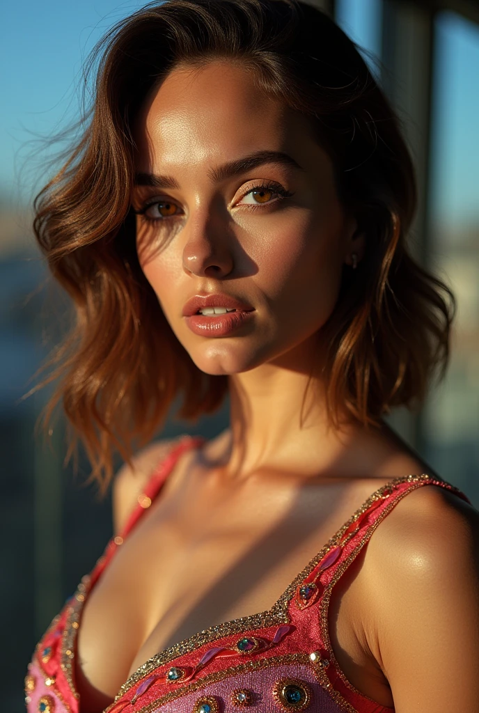 RAW Photograph, Ana de Armas, medium brown hair parted to once side, looking at the camera, partial body of the goddess of speed and precision, stunning eyes that pierce your soul, wearing elegant clothing with luminescent detailing, curvy and sexy, colorful, highly detailed skin with visible pores, she holds secret knowledge about the fundamental nature of reality, large natural breast, ample cleavage, specular highlights, future technology, cosmic motif, minimalist composition, insane intricate detail, award winning art, raytracing, sharp focus, 8k, hdr, masterpiece, photography, dslr, kodachrome, 35mm photograph, analog film, professional, highly detailed