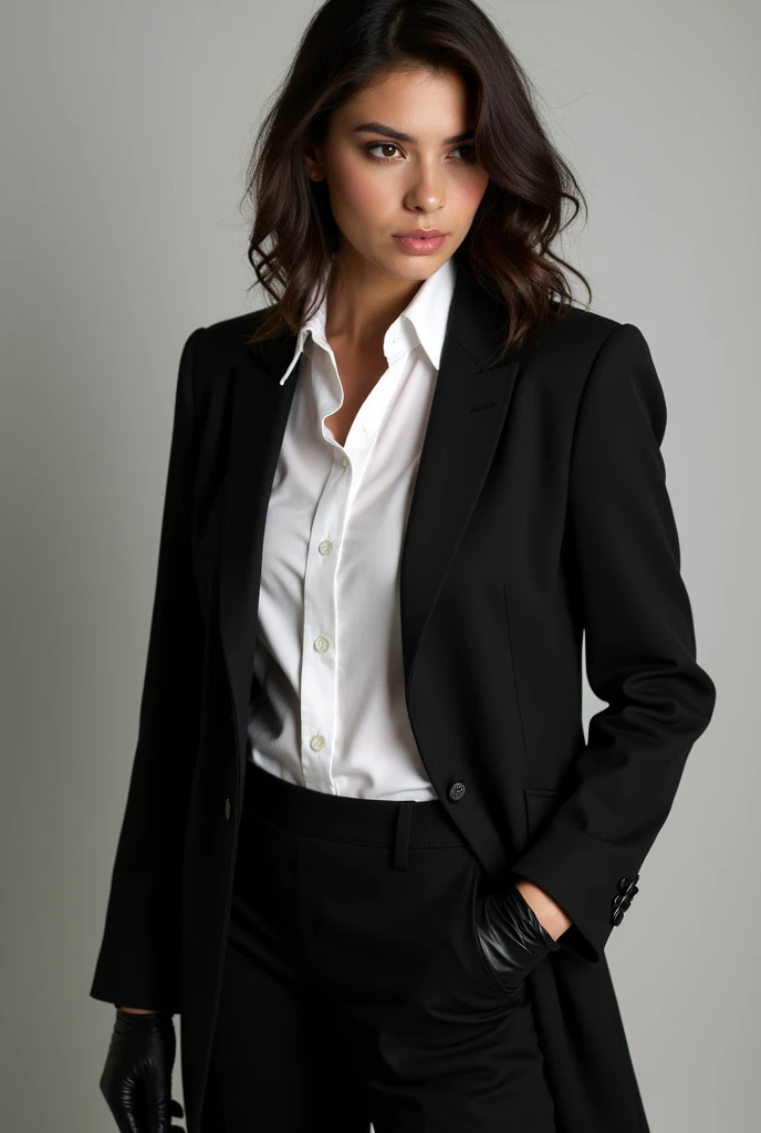 Latin American Costa Rican brunette person with a black jacket, black gloves, white shirt and black pants