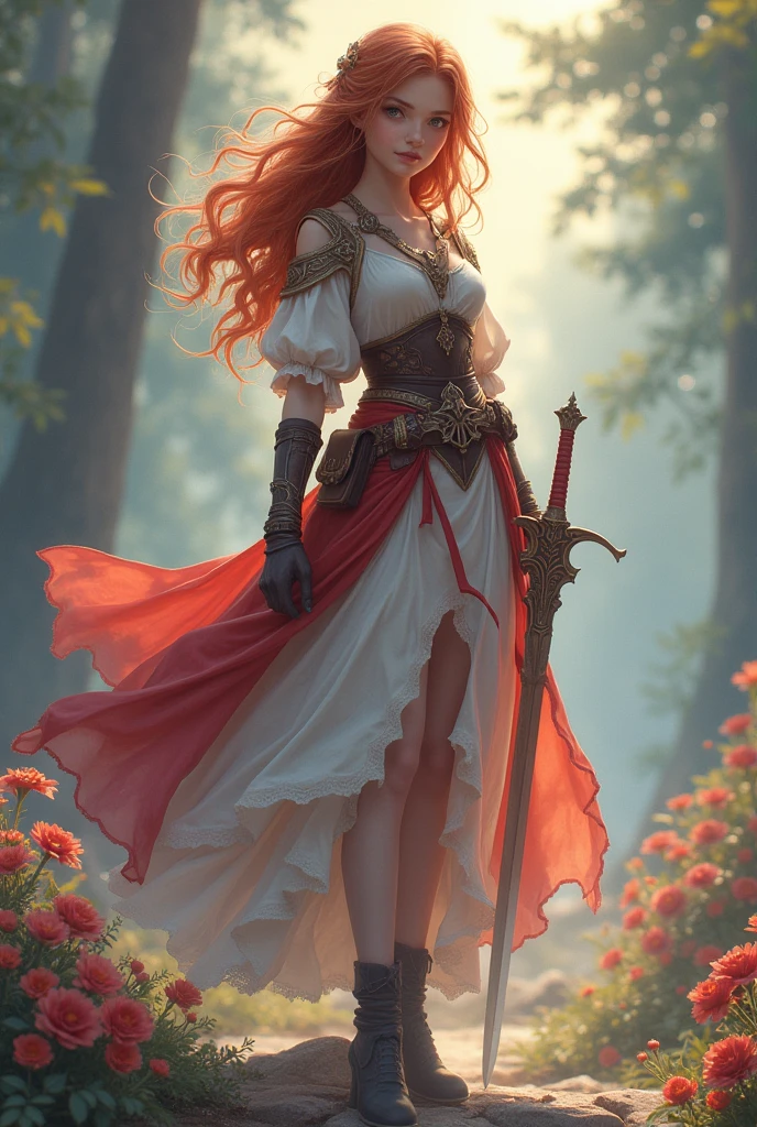 Theme MMORPG game style Image of a bronze-haired girl standing holding her favorite sword. The theme color is pastel and the image tone is dramatic. The highest resolution masterpiece , Surrealistic ,