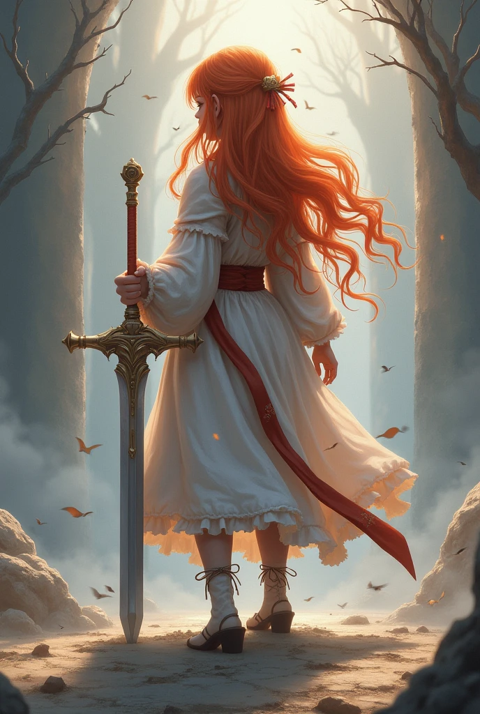 Theme MMORPG game style Image of a bronze-haired girl standing holding her favorite sword. The theme color is pastel and the image tone is dramatic. The highest resolution masterpiece , Surrealistic ,
