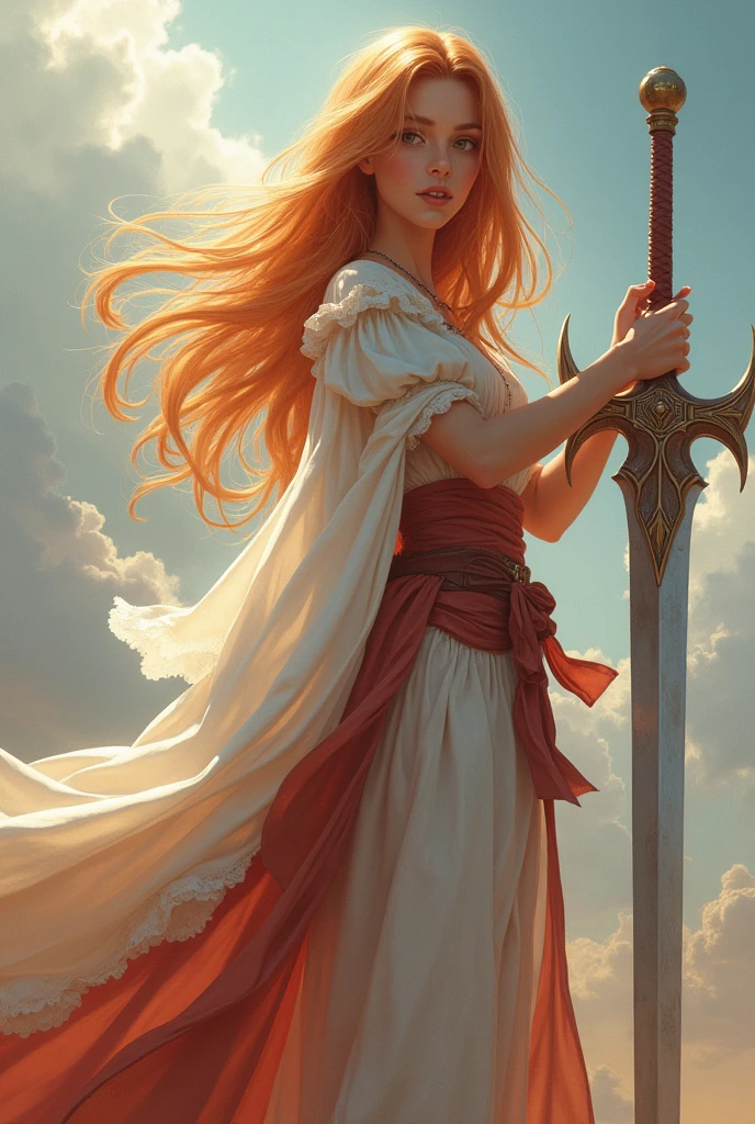 Theme MMORPG game style Image of a bronze-haired girl standing holding her favorite sword. The theme color is pastel and the image tone is dramatic. The highest resolution masterpiece , Surrealistic ,