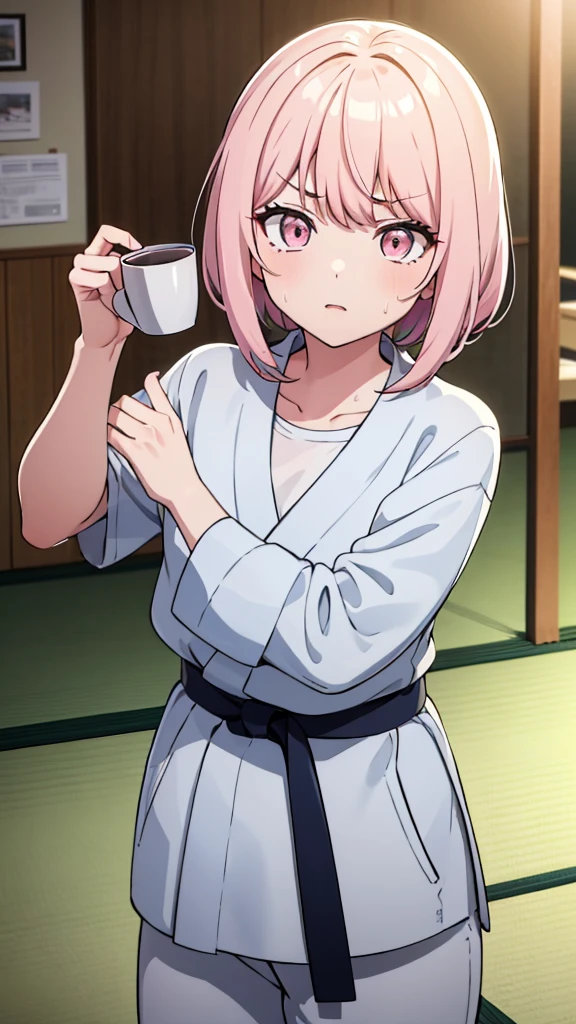 ((masterpiece, Highest quality, Very detailed, Very nice 8K CG wallpaper)), , A little thick, Medium Hair, Light pink hair, short hair, Pale pink eyes,judo player、長袖judo着、Large bust、ロングjudoパンツ、judo、Serious expression、Inside the judo Gymnasium、、On the tatami、discovery、One Girl、Combat Stance、A tough fight、Mizuki Akatsukiyama、Bust Size AA Cup、A boy holding both of her wrists、Kissed by a boy、Reddening of the face、Sweating