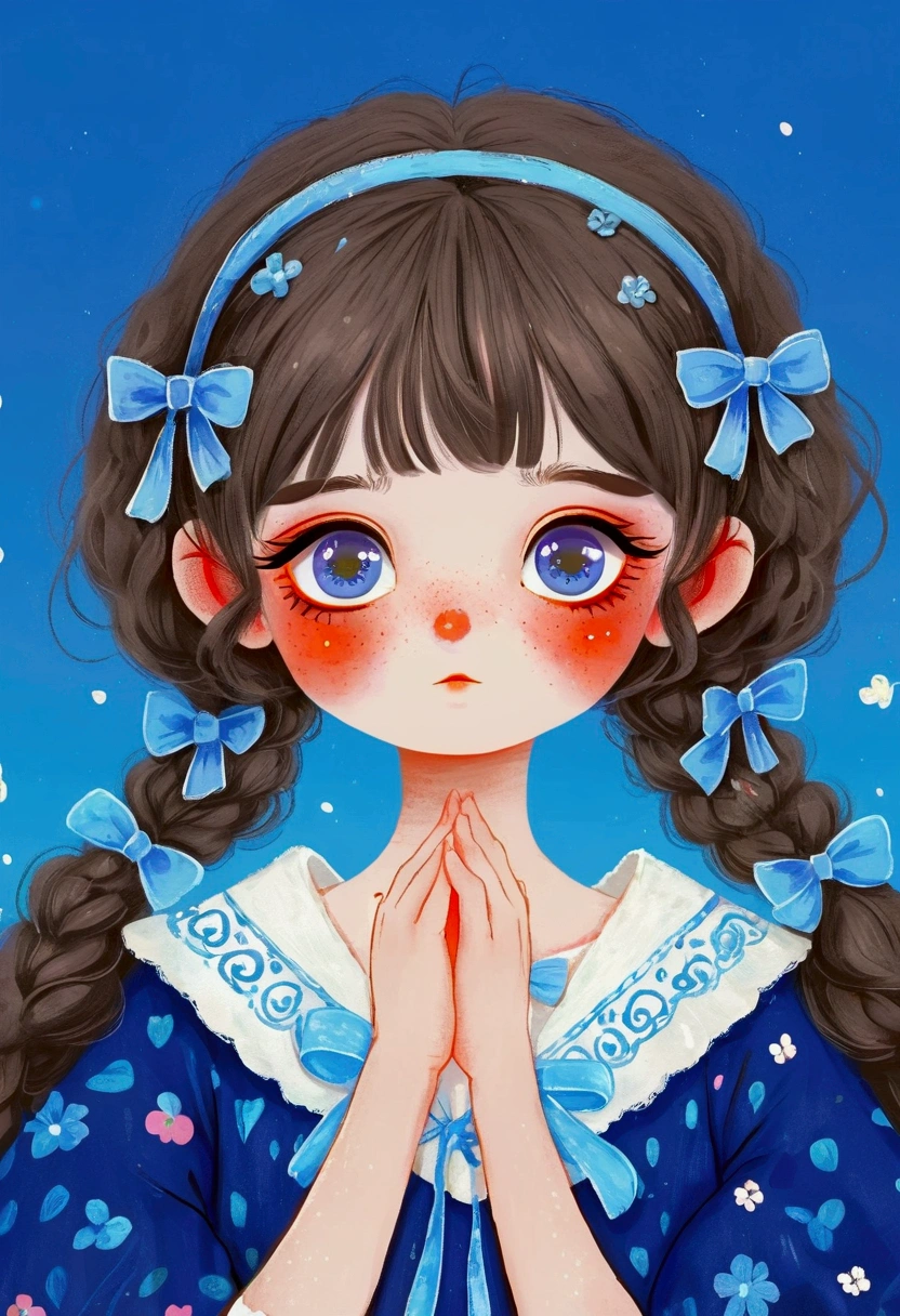 Cute little girl in blue dress,Big blue eyes。Bangs,Fine and fluffy hair,Lovely art style, Lovely and detailed digital art, Cute numbers艺术, splash art anime Change, Hand drawn cartoon art style,Lovely artwork, Kawaii realistic portrait, Change, Cute numbers, Lovely portrait, Kasuga, Lovely characters, Cute, colorful and adorable